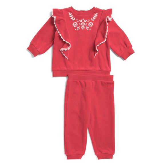 LITTLE ME Red Infant And Toddler Girls 2pc Embroidered Velour Top And Pants Set - Picture 1 of 2